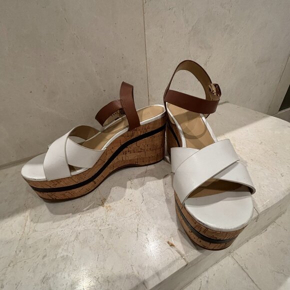 Michael Kors White & Tan Leather Cork Wedge Sandals Size 8 - Picture 1 of 8